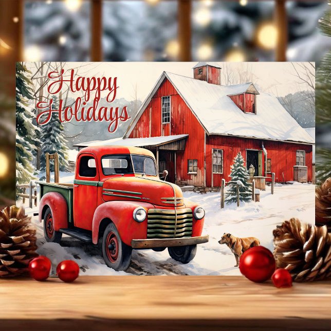 Vintage Red Truck Dog Winter Christmas Holiday Card (Creator Uploaded)