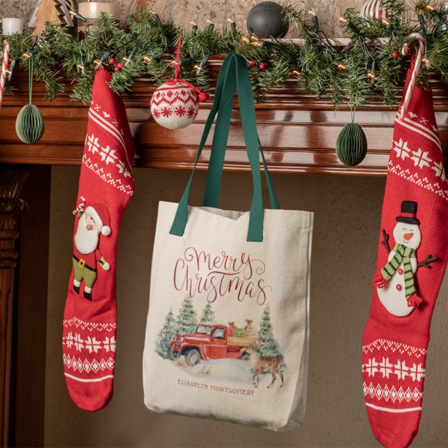 Vintage Red Truck | Family Christmas Monogram Tote Bag (Creator Uploaded)