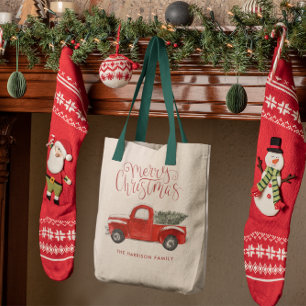 Vintage Red Truck   Family Christmas Monogram Tote Bag