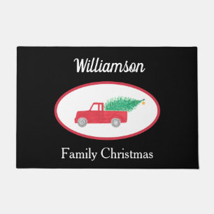 Vintage Red Truck Family Name Christmas Black Doormat