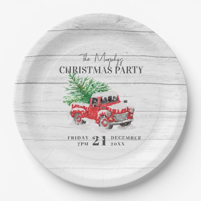 Vintage Red Truck Family Name Christmas Paper Plate (Front)