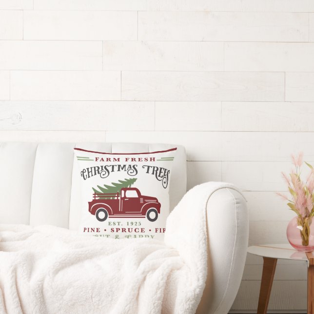 Vintage Red Truck Festive Holiday Christmas Trees Cushion (Couch)