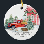Vintage Red Truck | First Christmas New Home Ceramic Tree Decoration<br><div class="desc">Moving into your first home is a big deal. A new home ornament makes the perfect gift to mark this milestone. A new home ornament is also a great realtor gift idea for clients. Add your custom wording to this design by using the "Edit this design template" boxes on the...</div>