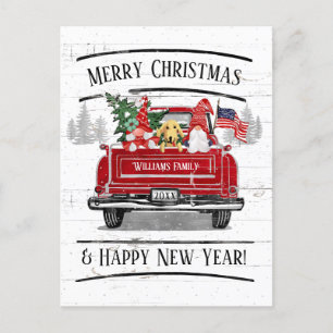 Vintage Red Truck Gnome Couple Dog Patriotic Xmas Holiday Postcard