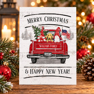 Vintage Red Truck Gnome Couple Dog Patriotic Xmas Holiday Postcard