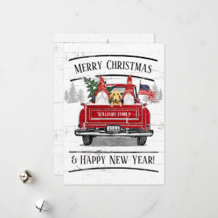 Vintage Red Truck Gnome Dog Patriotic Christmas Holiday Card