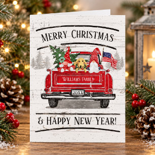 Vintage Red Truck Gnome Dog Patriotic Christmas Holiday Postcard