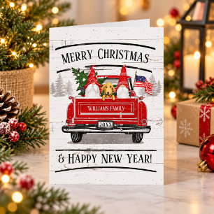 Vintage Red Truck Gnomes Dog Patriotic Christmas Holiday Card