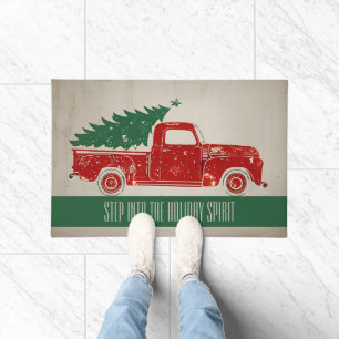 Vintage Red Truck Green Christmas Tree Holiday Doormat