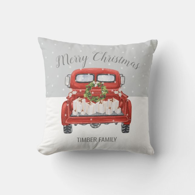 Vintage Red Truck Grey White Christmas Cushion (Front)