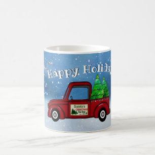 Vintage Red Truck Hauling Christmas Trees Mug
