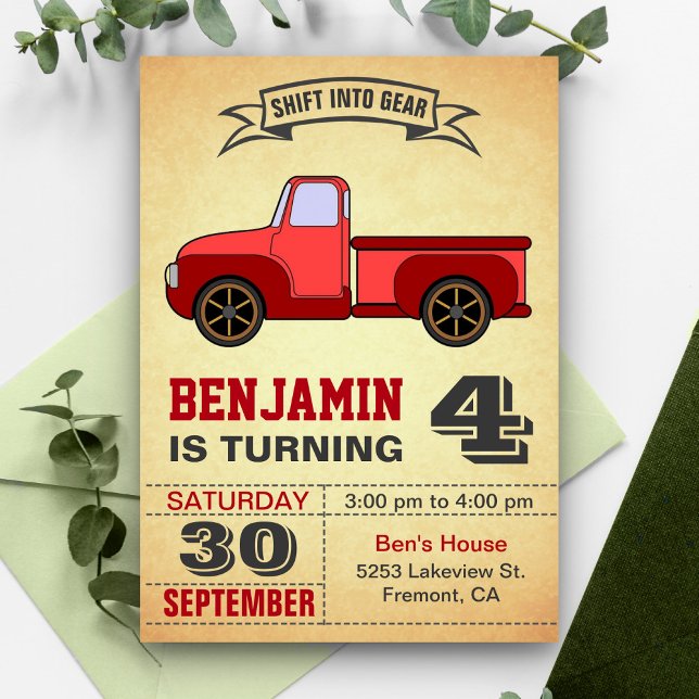 Vintage Red Truck Kids Birthday Party Invitation (Creator Uploaded)