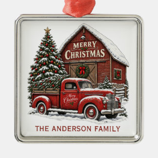 Vintage Red Truck Merry Christmas Barn Personalise Metal Tree Decoration