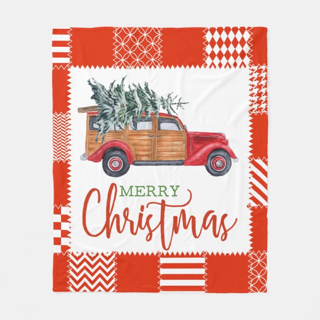 Vintage red truck Merry Christmas Blanket (Front)