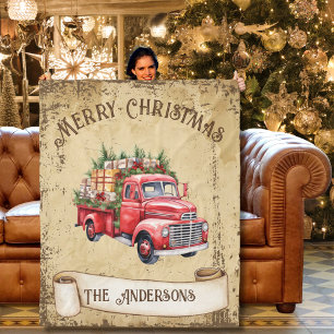 Vintage Red Truck Merry Christmas Fleece Blanket