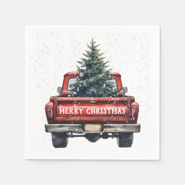 Vintage Red Truck Merry Christmas Napkin (Front)
