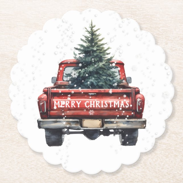 Vintage Red Truck Merry Christmas Paper Coaster (Front)