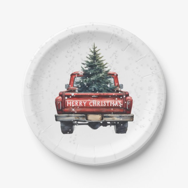 Vintage Red Truck Merry Christmas Paper Plate (Front)