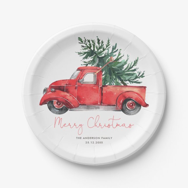 Vintage Red Truck Merry Christmas Party Paper Plate (Front)