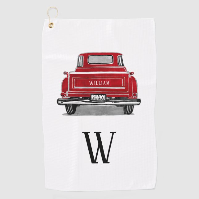 Vintage Red Truck Monogram Initial Name Golf Towel (Front)