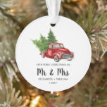Vintage Red Truck Our First Christmas Photo Orname Ornament<br><div class="desc">Modern and chic design printed Trendy Elegant Rustic Winter Pine Tree Red Truck Our First Christmas Newlywed Photo Ornament that can be customized with your text. Please click the "Customize it" button and use our design tool to modify this template. Check out the Graphic Art Design store for other products...</div>