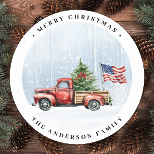 Vintage Red Truck Patriotic Flag Merry Christmas Classic Round Sticker