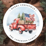 Vintage Red Truck Patriotic Flag Merry Christmas Classic Round Sticker<br><div class="desc">Vintage Red Truck Christmas Cards Celebrate the Holidays with Patriotic Charm Spread joy and festive cheer this holiday season with our Vintage Red Truck Christmas Cards. Perfectly capturing the spirit of a rustic winter wonderland, these cards feature a charming red truck adorned with a Christmas tree in the back, set...</div>