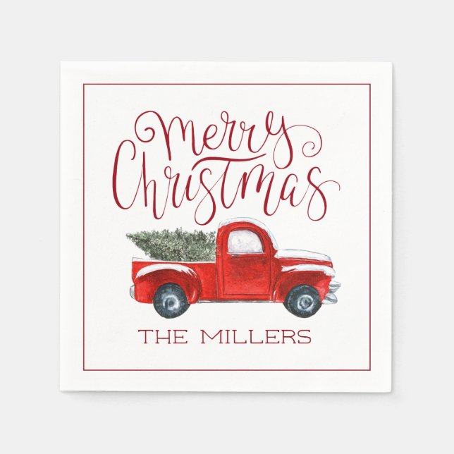 Vintage Red Truck Personalised Christmas Party Napkin (Front)