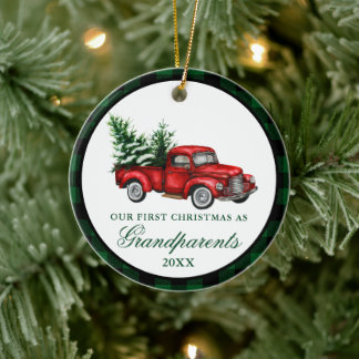 Vintage Red Truck Plaid Grandparents Christmas Ceramic Tree Decoration