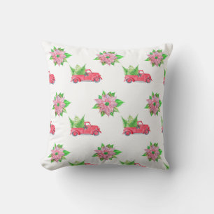 Vintage Red Truck & Poinsettias  Cushion