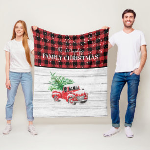 Vintage Red Truck & Red Buffalo Plaid Christmas Fleece Blanket