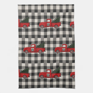 Vintage Red Truck Route 66 Plaid Holiday Dish Tea Towel