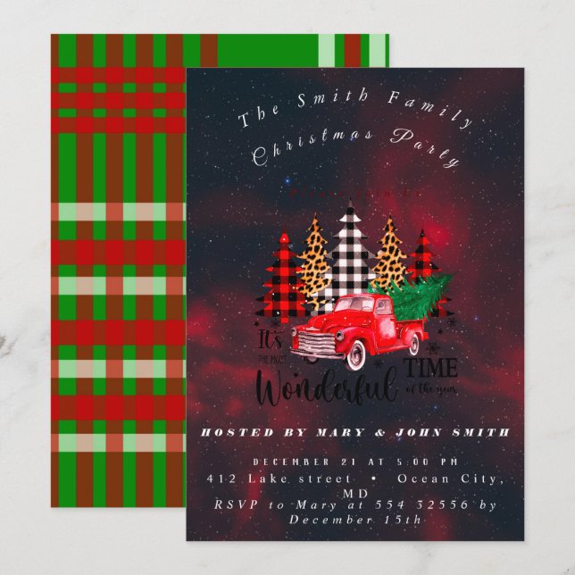 Vintage Red Truck Rustic Family Christmas Party  Invitation (Front/Back)