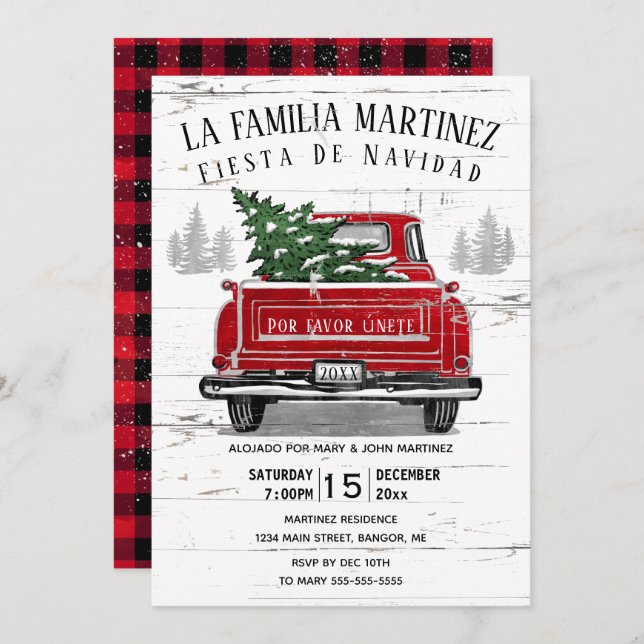 Vintage Red Truck Rustic Spanish Christmas Party Invitation (Front/Back)