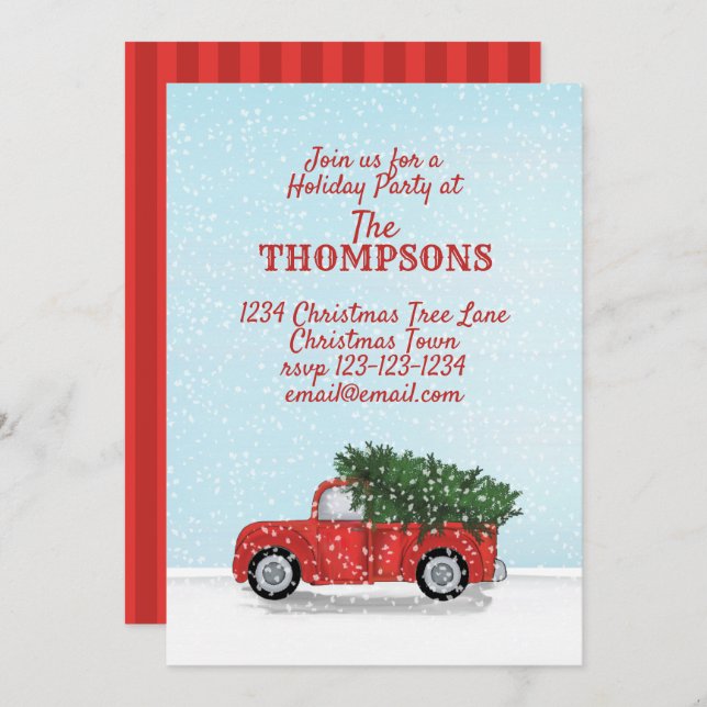Vintage Red Truck Rustic Woodland Holiday Party Invitation (Front/Back)