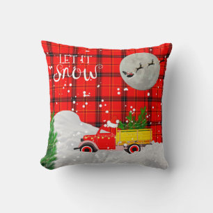 Vintage RED TRUCK Rustic Xmas Tartan Red Black Cushion