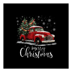 Vintage Red Truck SantaTree Merry Christmas Funny Poster