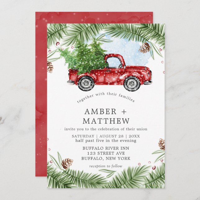 Vintage Red Truck Snow Wedding Invitations (Front/Back)