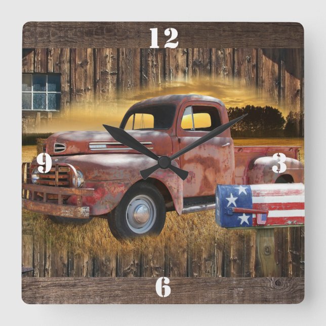 Vintage Red Truck Square Wall Clock (Front)