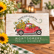 Vintage Red Truck Sunflowers Rustic Family Reunion