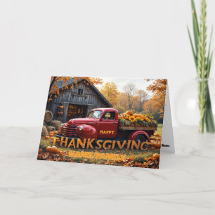 Vintage Red Truck Thanksgiving Harvest Scene Holiday Card