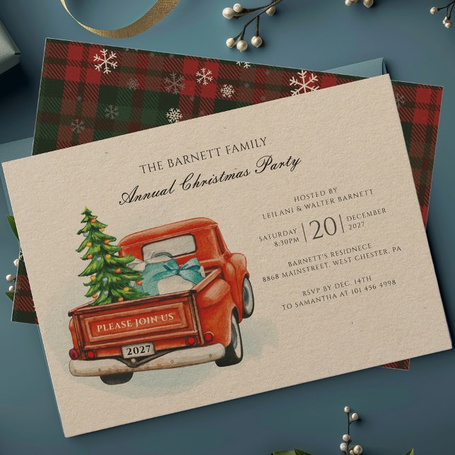 Vintage Red Truck Tree Family Christmas Party Invitation (Christmas Party Classic Red Truck Kraft Invitation)