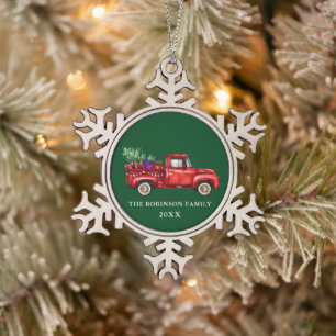 Vintage Red Truck Tree Gifts Christmas Family Year Snowflake Pewter Christmas Ornament