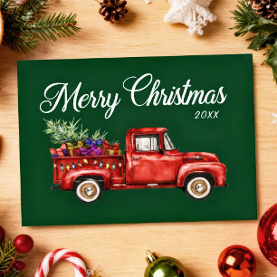 Vintage Red Truck Tree Gifts Merry Christmas Year Postcard
