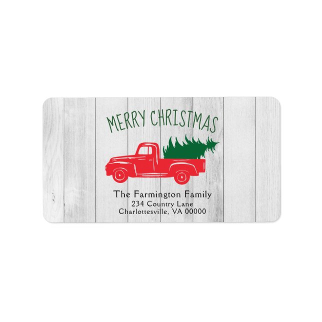 Vintage Red Truck & Tree White Wood Gift Tag  (Front)