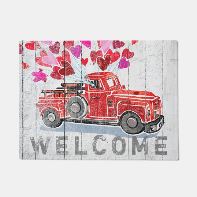 Vintage Red Truck 'Valentine Hearts Rustic Doormat (Front)