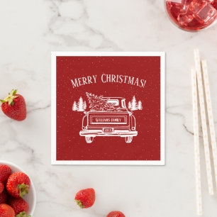 Vintage Red Truck White Merry Christmas Napkin