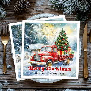 Vintage red truck winter scene rustic table napkin
