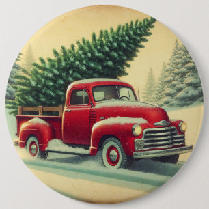 Vintage red truck with Christmas tree 6 Cm Round Badge