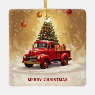 Vintage Red Truck with Christmas Tree and Gifts Ceramic Ornament